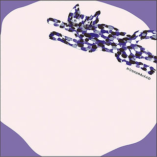 Abstract design of  a cat with intertwined blue and black lines on a purple and white background