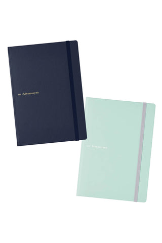 Navy A5 hard cover dot grid notebook with elastic closure and front logo