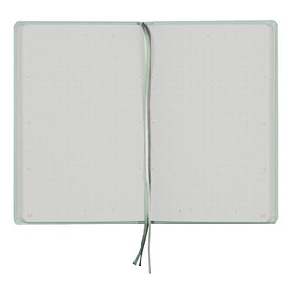 Mint green hard cover notebook, closed back cover with tie elastic and dotted pages