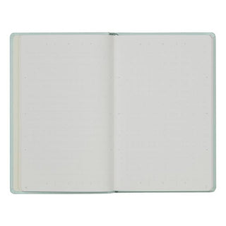 Mint green hard cover notebook, open spread with dotted writing pages