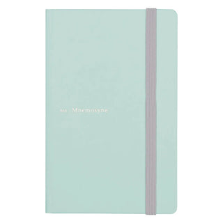Mint green hard cover notebook with gray elastic band, “Mnemosyne” on cover