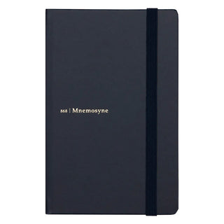 Dark navy hard cover notebook with vertical elastic band, “Mnemosyne” on cover