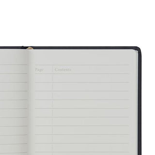 Open notebook showing contents table with columns labeled 'Page' and 'Contents'