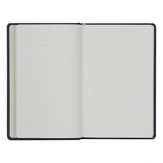 Mnemosyne A6 hard cover dot grid notebook, open flat with white dotted pages