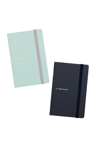 Mnemosyne A6 hard cover dot grid notebook, mint green and navy with elastic band