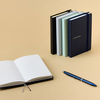 Hard cover notebook set, stacked navy and mint covers with elastic bands