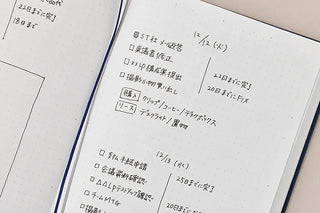 Open dot grid notebook page with checkboxes and printed text