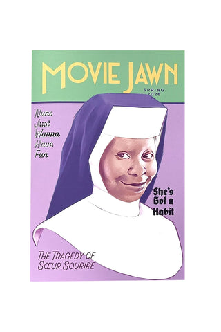 Magazine cover titled 'Movie Jawn' featuring actor Whoopi Goldberg in a nun outfit with text on a purple background.
