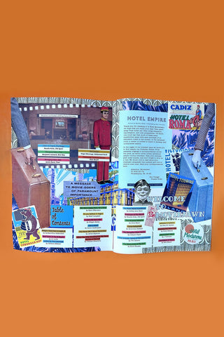 Open magazine pages with illustrated scenes and multi-color text sections