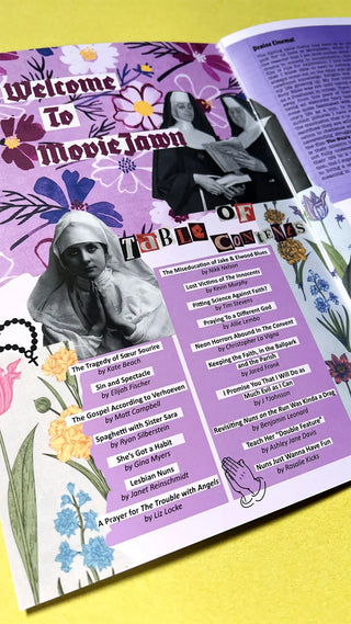Open book with purple pages featuring Table of Contents and images on a yellow background