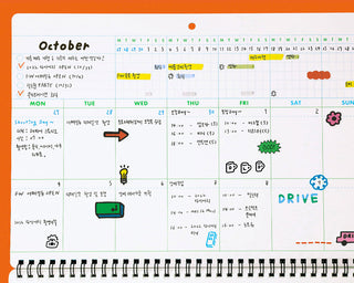 Calendar with various notes and icons for October and written text