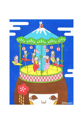 Naoshi art print of whimsical merry-go-round with cartoon characters and hanging lanterns