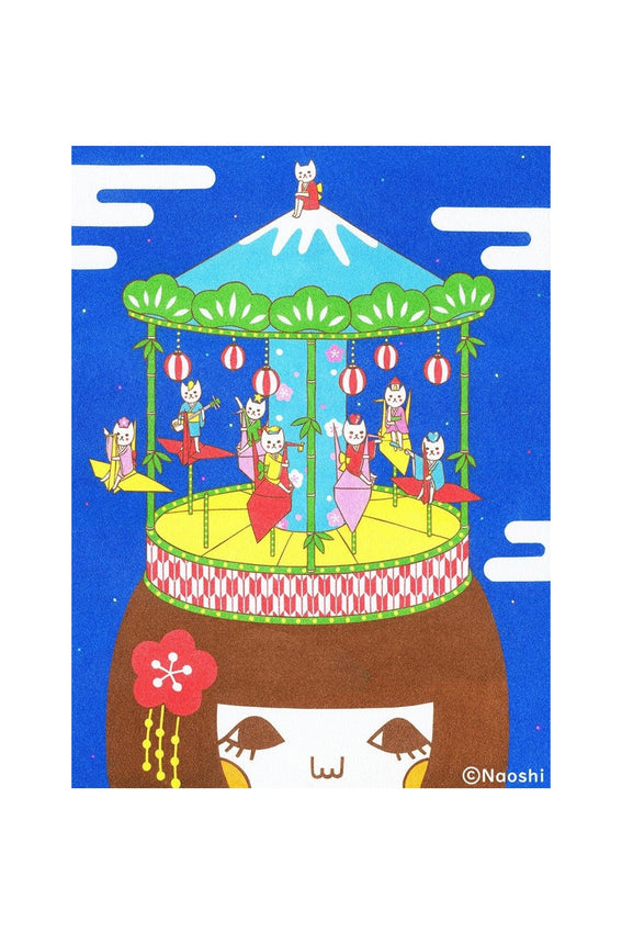 Naoshi art print of whimsical merry-go-round with cartoon characters and hanging lanterns