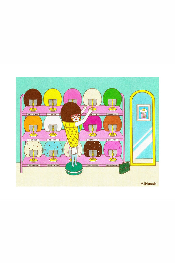 Naoshi 13x19 art print with colorful ice cream-headed figures and ice cream display
