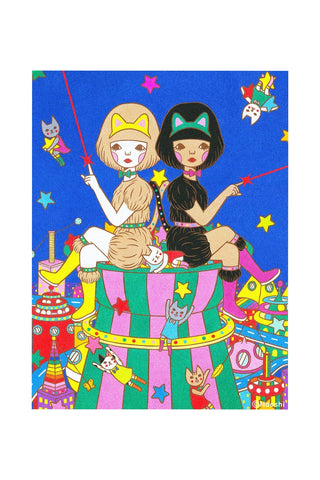 Colorful art print of twin cat-eared characters with stars and playful cats, 13x19