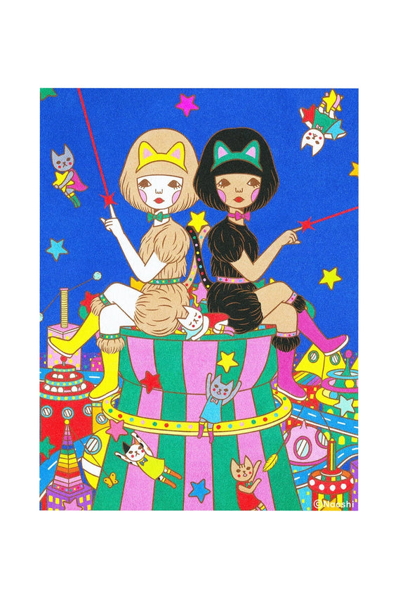 Colorful art print of twin cat-eared characters with stars and playful cats, 13x19