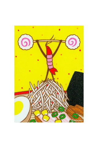 Square art print featuring ramen noodles, bowl, chopsticks, red eye character, and yellow background