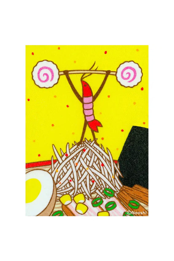 Square art print featuring ramen noodles, bowl, chopsticks, red eye character, and yellow background