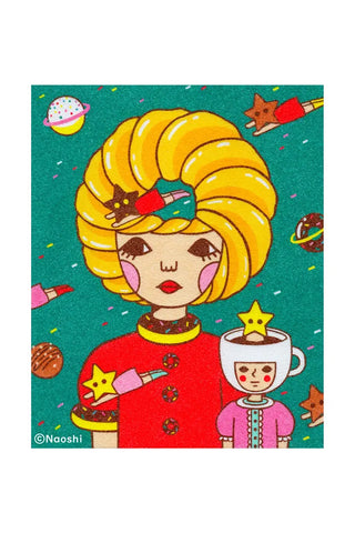 Naoshi 8x10 art print with blonde girl, red outfit, star candle and donut-themed space