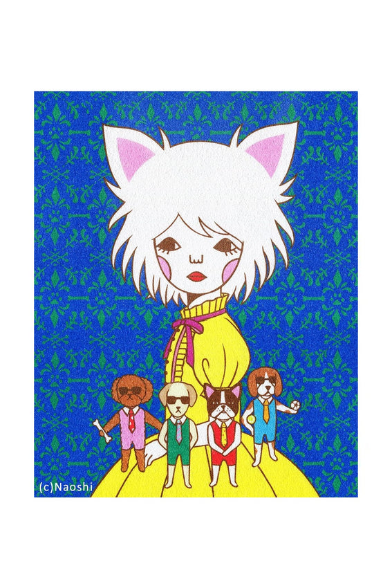 8x10 art print of queen dog character in yellow outfit with crown and four small dogs