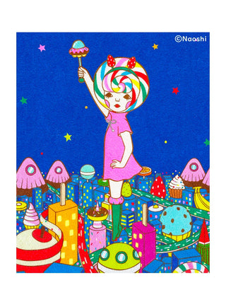 Naoshi 8x10 art print of candy planet city with girl holding lollipop