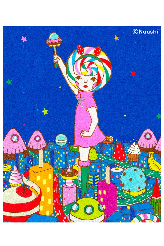 Naoshi 8x10 art print of candy planet city with girl holding lollipop