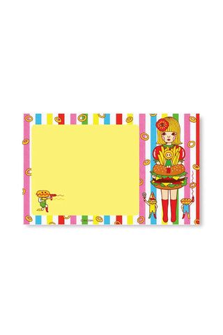 Hamburger girl notepad with colorful border and blank yellow page
