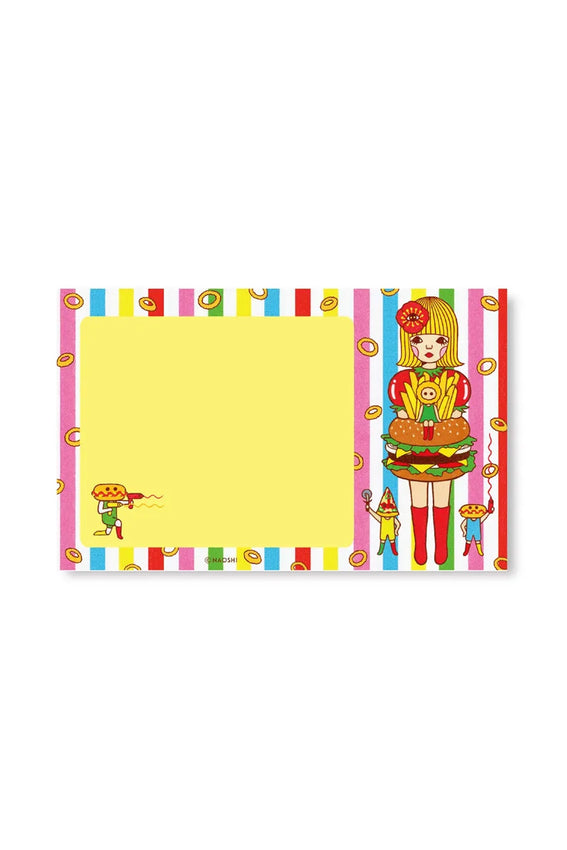 Hamburger girl notepad with colorful border and blank yellow page