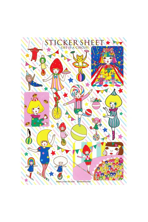 Naoshi circus-themed sticker sheet with colorful character and accessory stickers