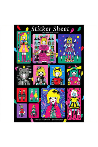 Naoshi Merry Ghost Land sticker sheet with colorful gothic character stickers in panels