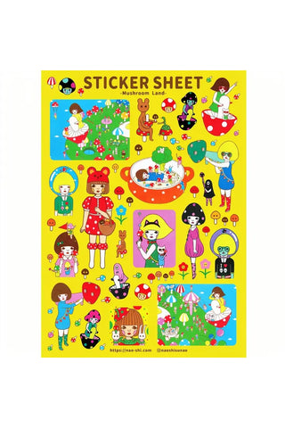 Mushroom Land sticker sheet with cartoon mushroom-themed characters on yellow background