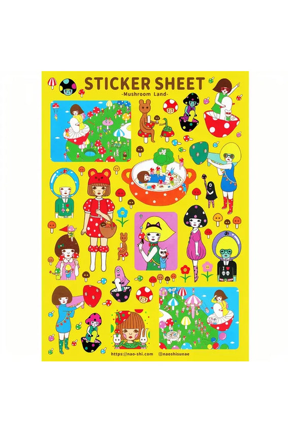 Mushroom Land sticker sheet with cartoon mushroom-themed characters on yellow background