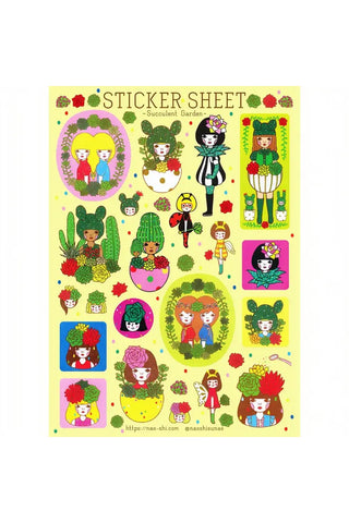 Colorful succulent garden sticker sheet with cute characters and potted plants