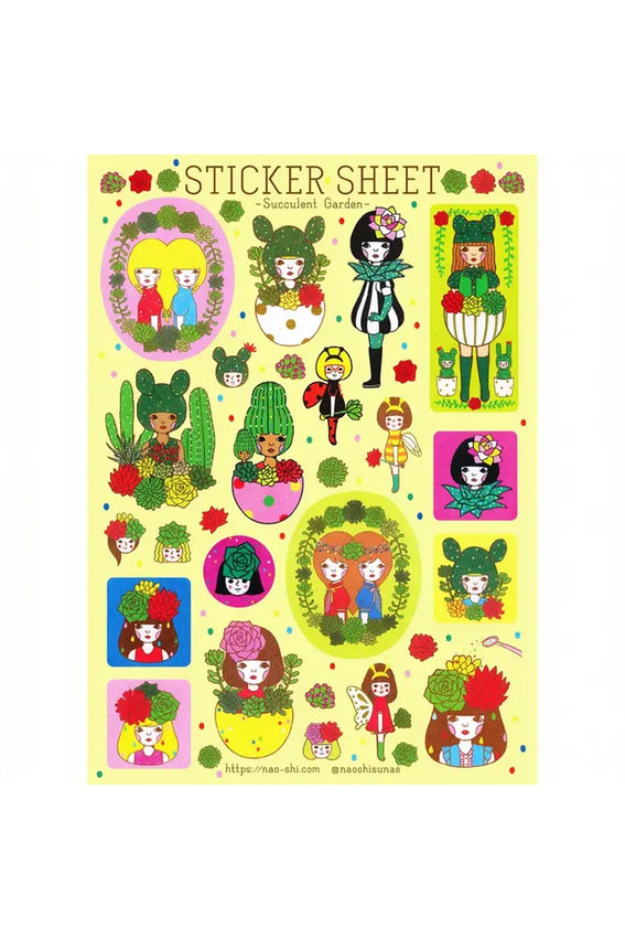 Colorful succulent garden sticker sheet with cute characters and potted plants