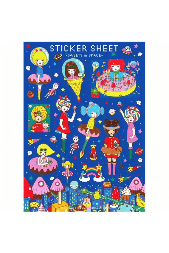 Colorful space-themed sticker sheet with cartoon characters and sweets