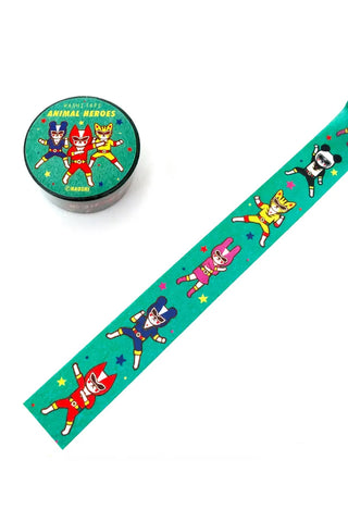 Animal heroes washi tape with illustrated rabbit, dog, cat, and fox figures on teal strip