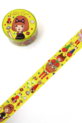 Naoshi washi tape with party cats on yellow, red and brown cartoon strip