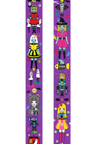 Spooky night washi tape with cartoon witches, ghosts, skeletons on purple