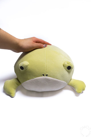 Hand on top of Frog plush on a white background
