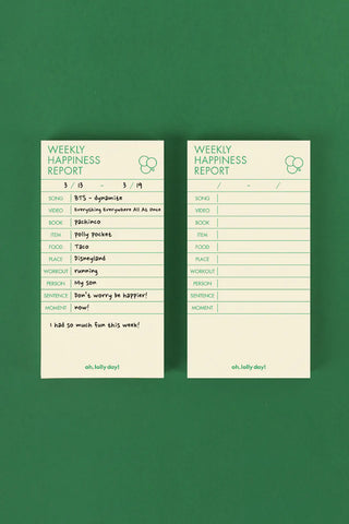 Weekly happiness report memo pad to fill out weekly highlights side by side, one written on and one blank on a green background