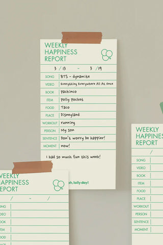 Weekly happiness report to fill out weekly highlights taped up with washi tape on a beige background