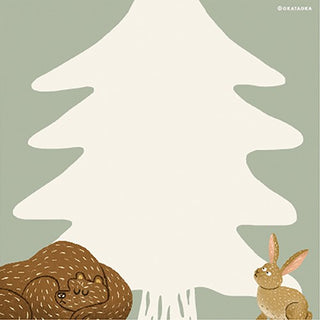 Illustration of a bear and a rabbit sitting under a white tree against a green background