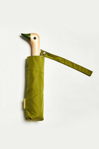 Green umbrella with wooden duck handle on a white background