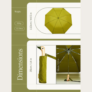 Green umbrella with dimensions and weight information on a green and white background