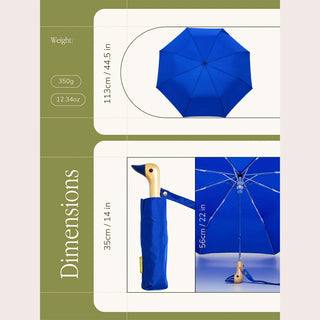 Blue umbrella with dimensions and weight information on a green and white background