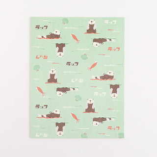 Patterned paper with cartoon otters on a light green background