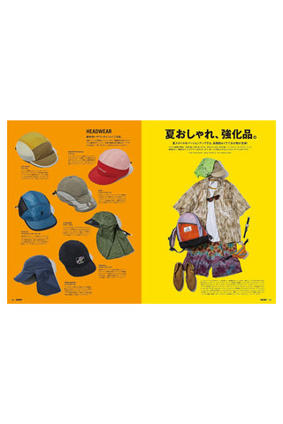 Outdoor Style GO OUT magazine spread featuring outdoor headwear and caps in multiple colors