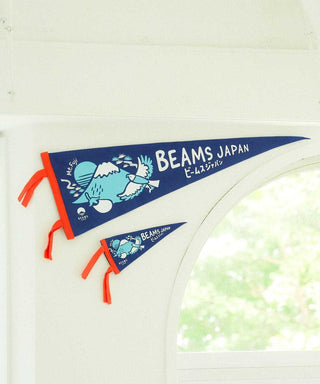 Two BEAMS Japan flags hanging on a white wall with a window in the background.