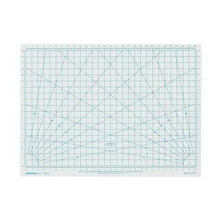 white rectangular Penco cutting mat with blue measurement lines, angle guides, and printed text on a white background.
