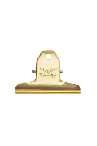 Gold steel binder clip, front view with round hole in the top tab